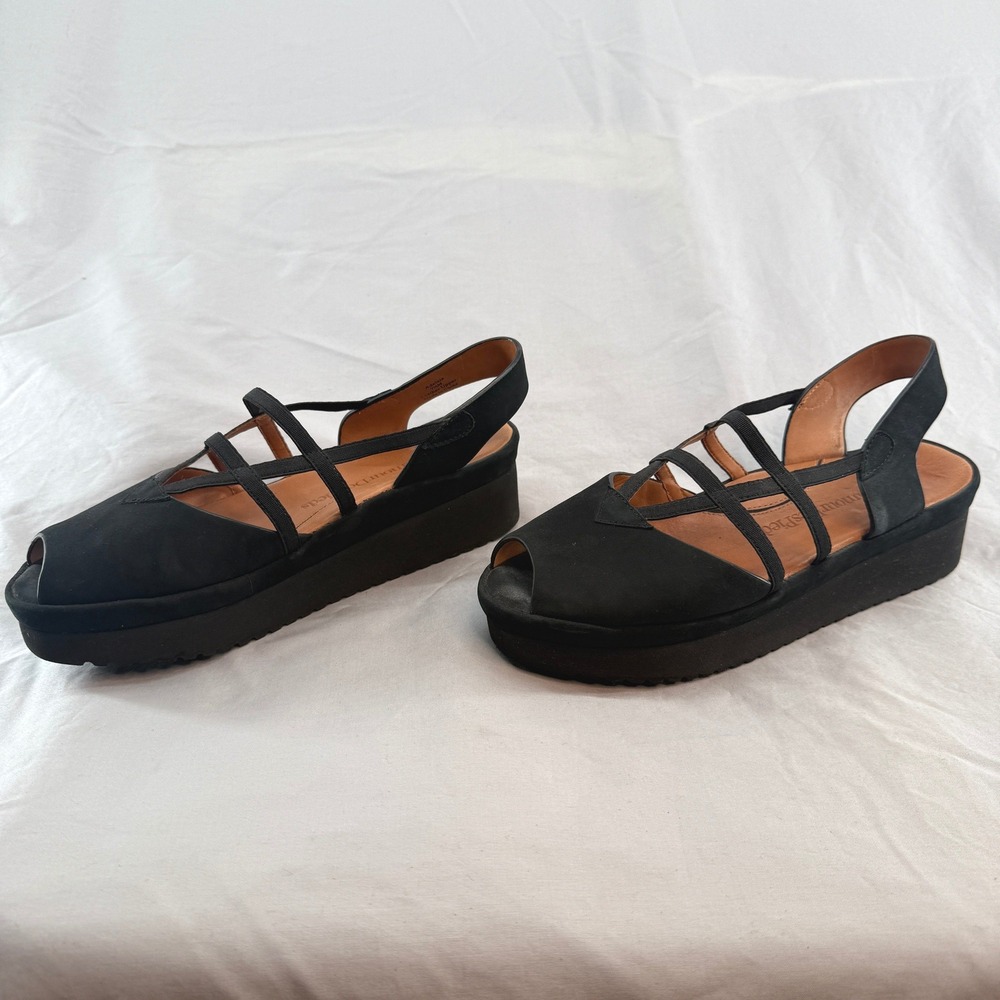 L'Amour Des Pieds Adelais Black Leather Platform Peep Toe Sandals Womens 7.5M - Picture 4 of 8